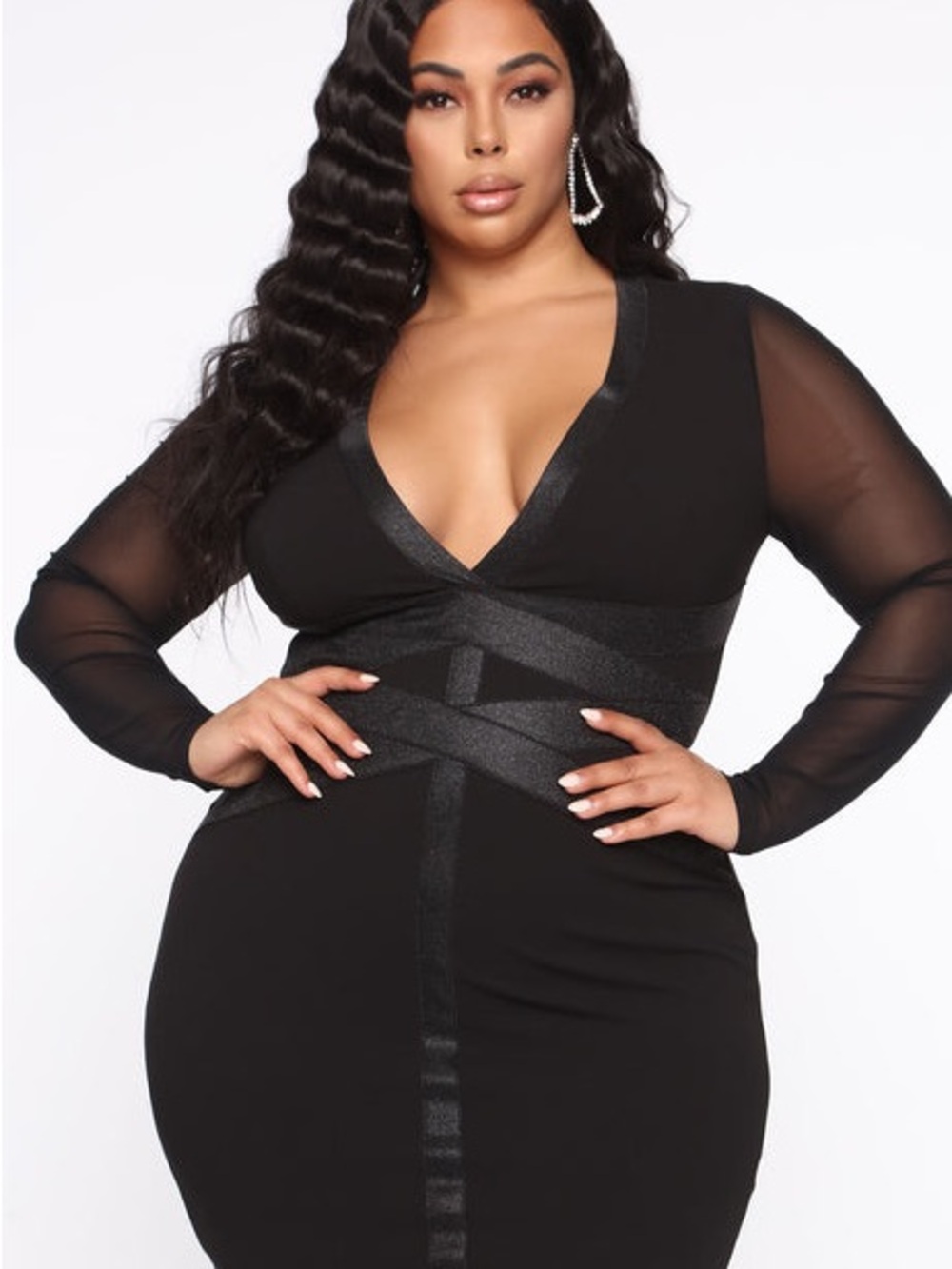 Fashion Nova Black Long Sleeve Sheer Sleeve V-Neck Bodycon Dress